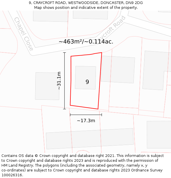 9, CRAYCROFT ROAD, WESTWOODSIDE, DONCASTER, DN9 2DG: Plot and title map