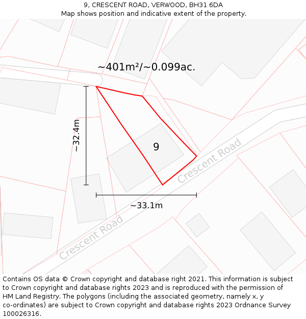 9, CRESCENT ROAD, VERWOOD, BH31 6DA: Plot and title map