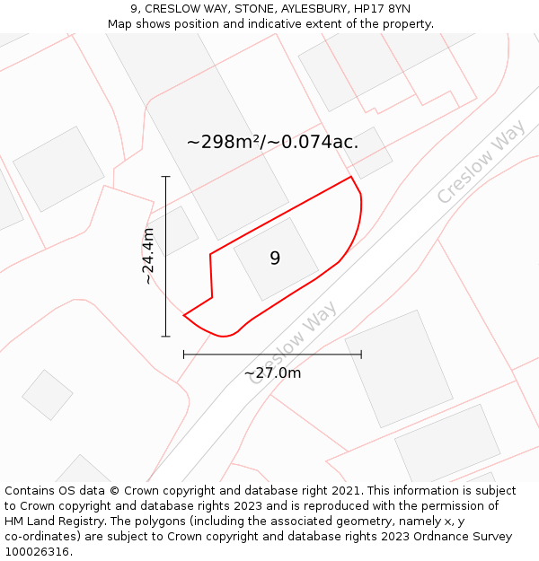 9, CRESLOW WAY, STONE, AYLESBURY, HP17 8YN: Plot and title map