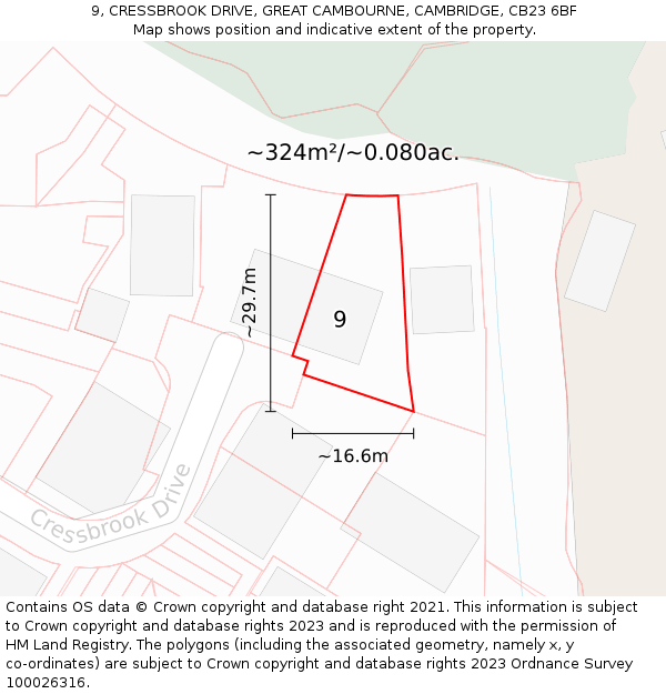 9, CRESSBROOK DRIVE, GREAT CAMBOURNE, CAMBRIDGE, CB23 6BF: Plot and title map