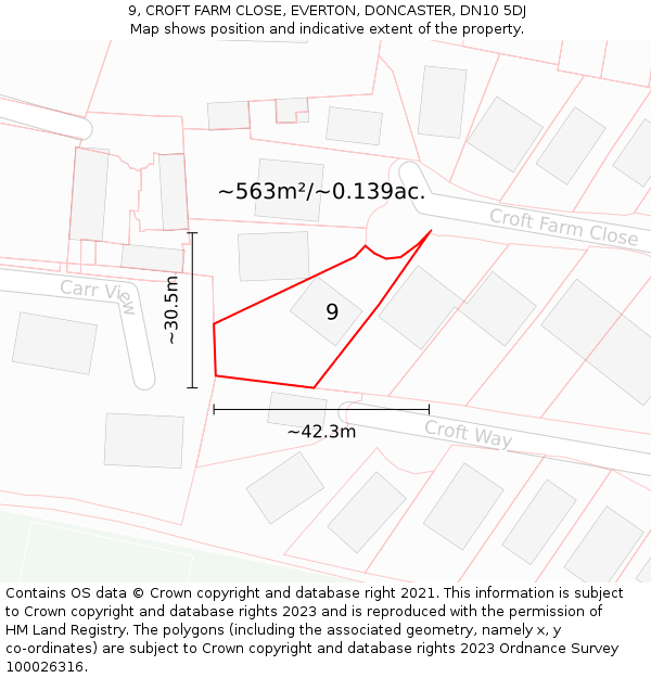 9, CROFT FARM CLOSE, EVERTON, DONCASTER, DN10 5DJ: Plot and title map