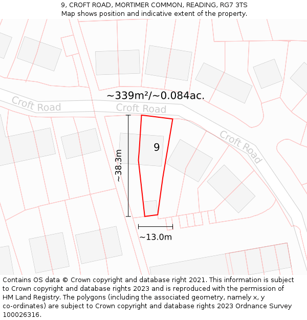 9, CROFT ROAD, MORTIMER COMMON, READING, RG7 3TS: Plot and title map