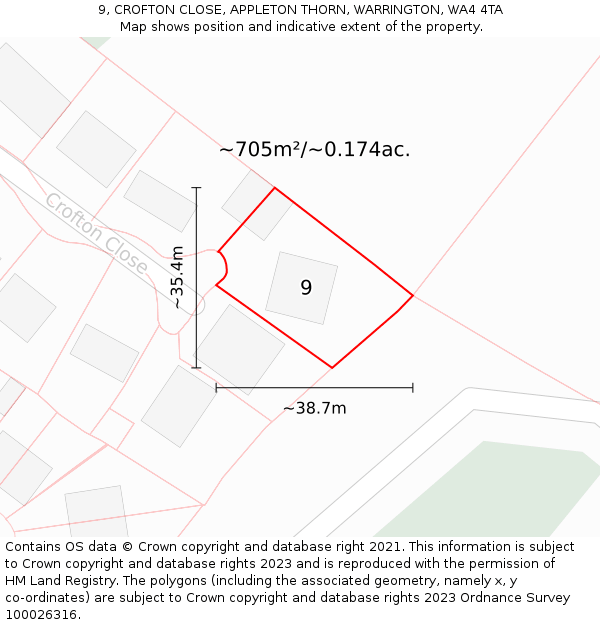 9, CROFTON CLOSE, APPLETON THORN, WARRINGTON, WA4 4TA: Plot and title map