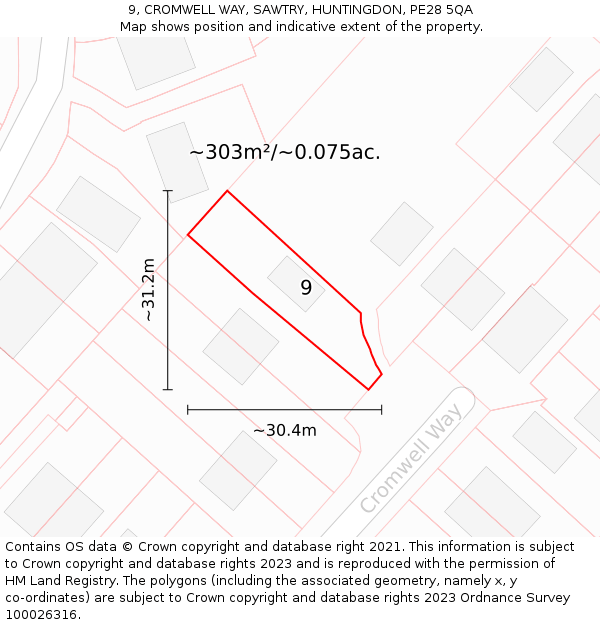 9, CROMWELL WAY, SAWTRY, HUNTINGDON, PE28 5QA: Plot and title map