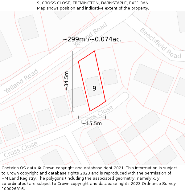 9, CROSS CLOSE, FREMINGTON, BARNSTAPLE, EX31 3AN: Plot and title map