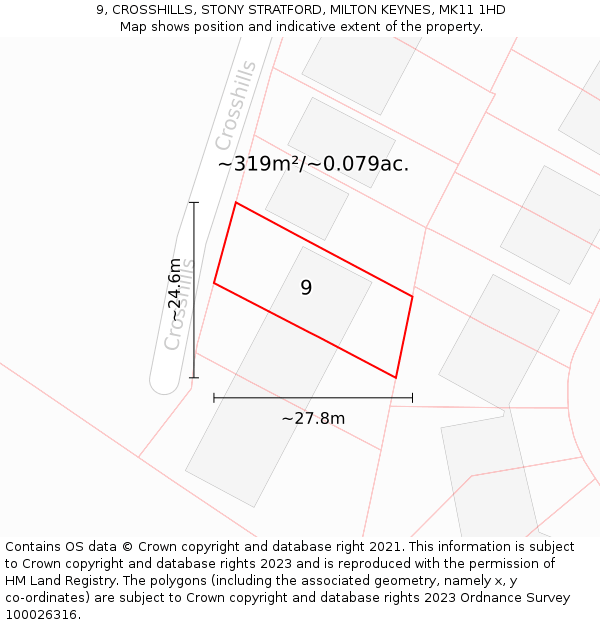 9, CROSSHILLS, STONY STRATFORD, MILTON KEYNES, MK11 1HD: Plot and title map