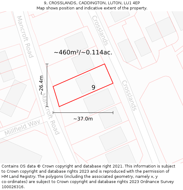 9, CROSSLANDS, CADDINGTON, LUTON, LU1 4EP: Plot and title map