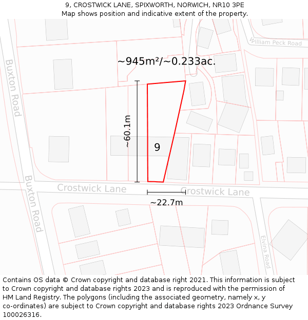 9, CROSTWICK LANE, SPIXWORTH, NORWICH, NR10 3PE: Plot and title map