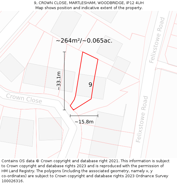 9, CROWN CLOSE, MARTLESHAM, WOODBRIDGE, IP12 4UH: Plot and title map