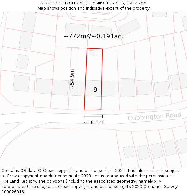 9, CUBBINGTON ROAD, LEAMINGTON SPA, CV32 7AA: Plot and title map