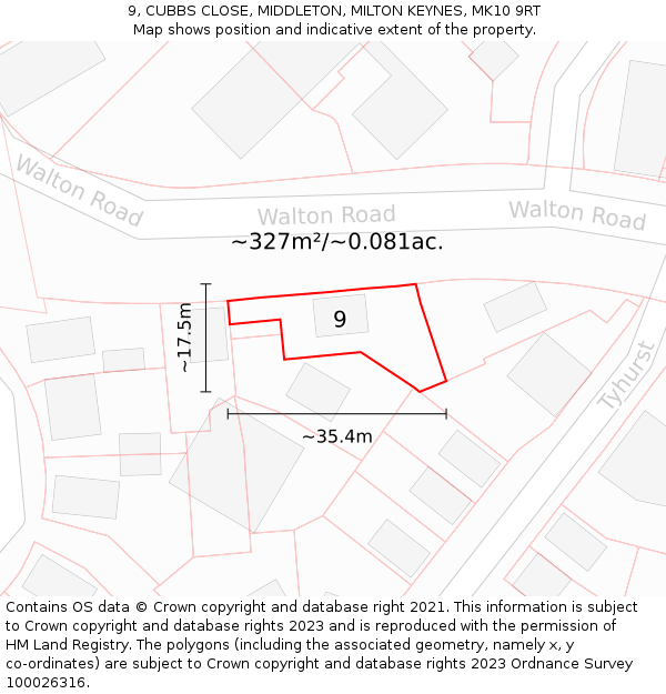 9, CUBBS CLOSE, MIDDLETON, MILTON KEYNES, MK10 9RT: Plot and title map