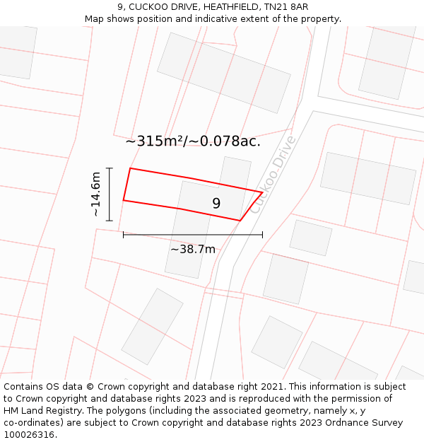 9, CUCKOO DRIVE, HEATHFIELD, TN21 8AR: Plot and title map