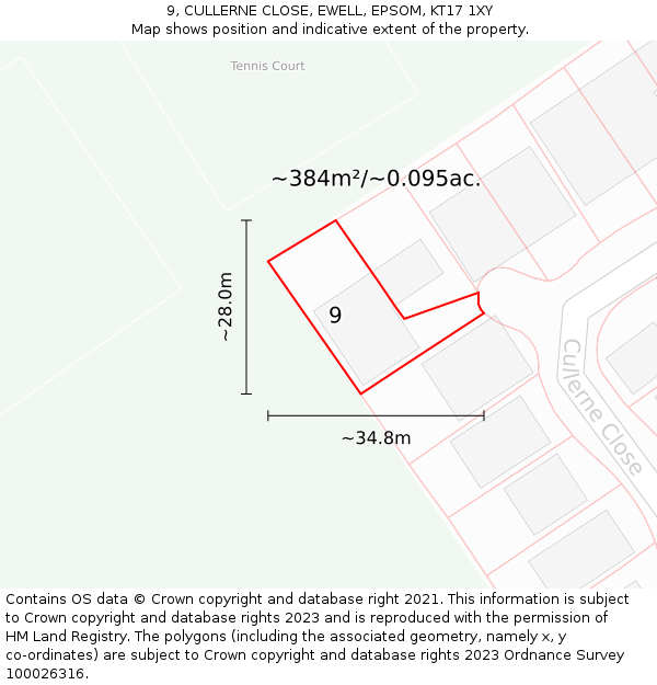 9, CULLERNE CLOSE, EWELL, EPSOM, KT17 1XY: Plot and title map