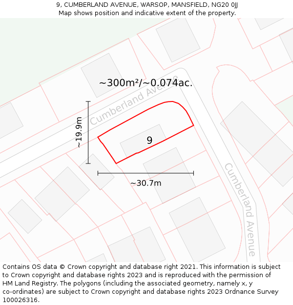 9, CUMBERLAND AVENUE, WARSOP, MANSFIELD, NG20 0JJ: Plot and title map