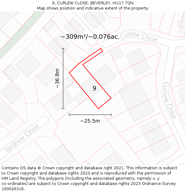 9, CURLEW CLOSE, BEVERLEY, HU17 7QN: Plot and title map