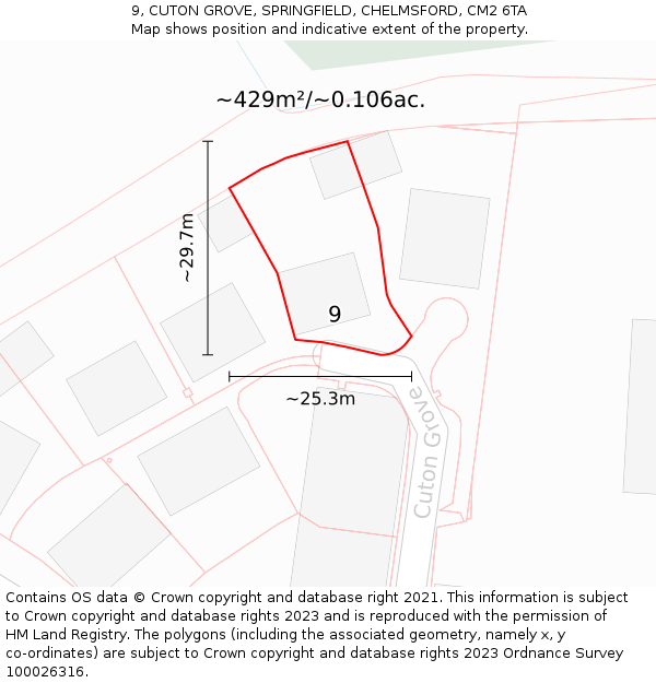 9, CUTON GROVE, SPRINGFIELD, CHELMSFORD, CM2 6TA: Plot and title map