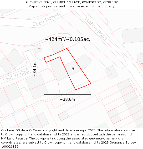 9, CWRT YR EFAIL, CHURCH VILLAGE, PONTYPRIDD, CF38 1BX: Plot and title map