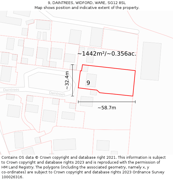 9, DAINTREES, WIDFORD, WARE, SG12 8SL: Plot and title map