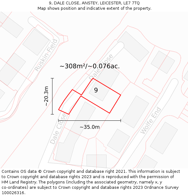 9, DALE CLOSE, ANSTEY, LEICESTER, LE7 7TQ: Plot and title map