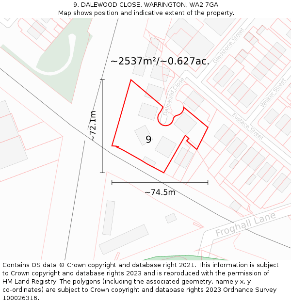 9, DALEWOOD CLOSE, WARRINGTON, WA2 7GA: Plot and title map