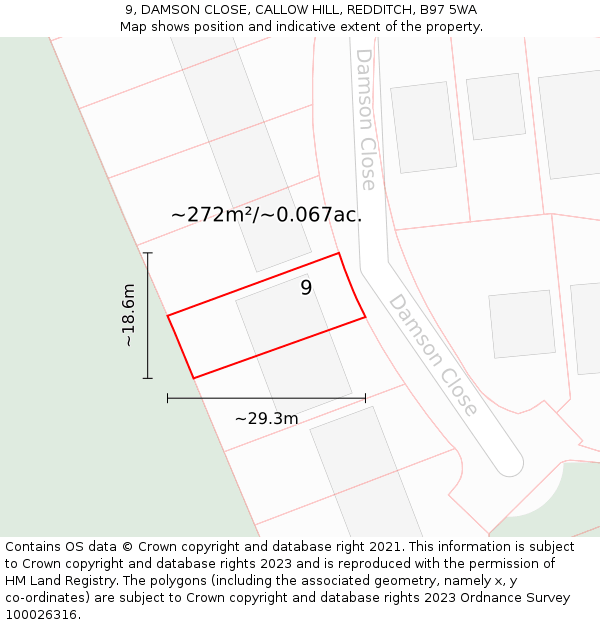 9, DAMSON CLOSE, CALLOW HILL, REDDITCH, B97 5WA: Plot and title map