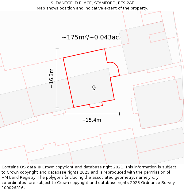 9, DANEGELD PLACE, STAMFORD, PE9 2AF: Plot and title map