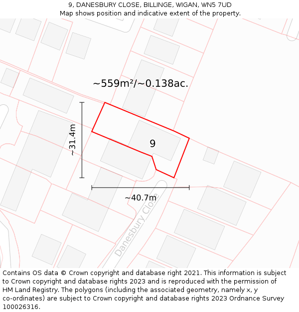 9, DANESBURY CLOSE, BILLINGE, WIGAN, WN5 7UD: Plot and title map