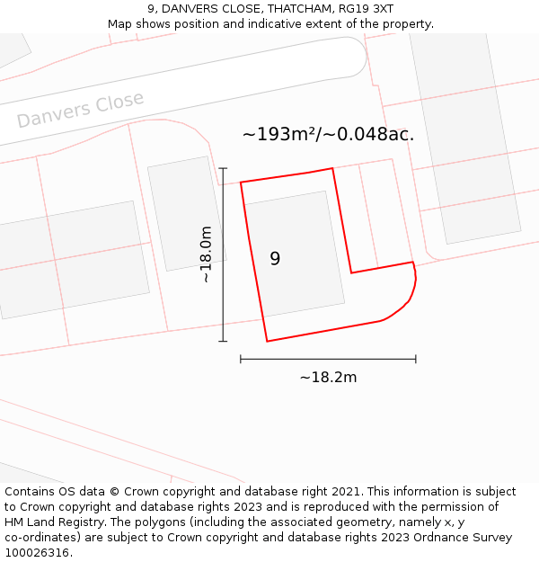 9, DANVERS CLOSE, THATCHAM, RG19 3XT: Plot and title map