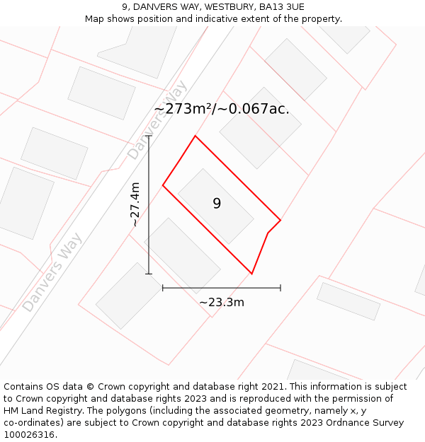 9, DANVERS WAY, WESTBURY, BA13 3UE: Plot and title map