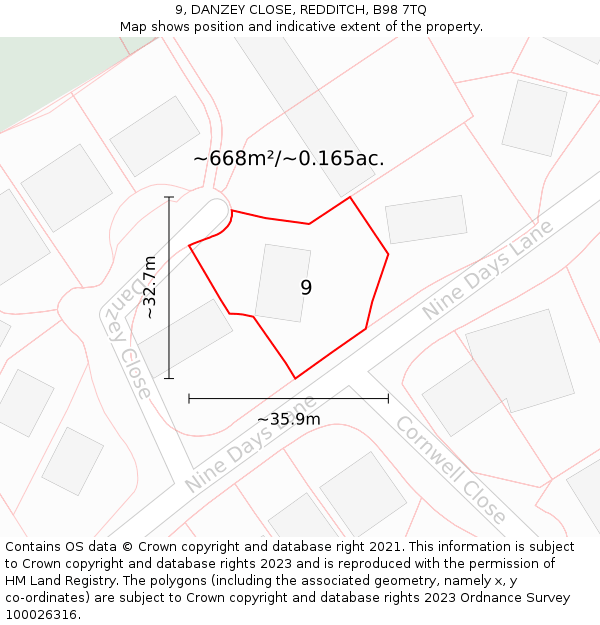 9, DANZEY CLOSE, REDDITCH, B98 7TQ: Plot and title map