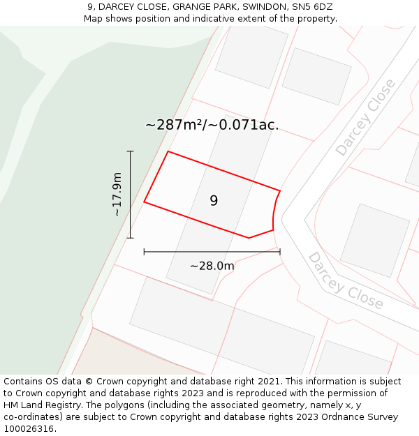 9, DARCEY CLOSE, GRANGE PARK, SWINDON, SN5 6DZ: Plot and title map