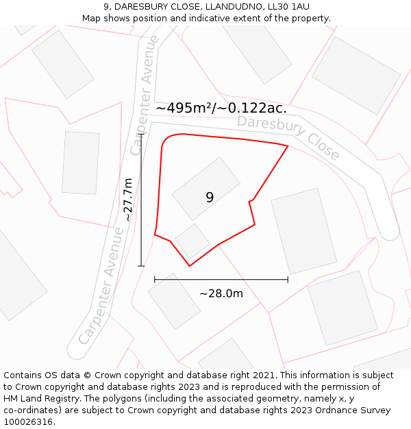 9, DARESBURY CLOSE, LLANDUDNO, LL30 1AU: Plot and title map