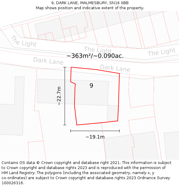 9, DARK LANE, MALMESBURY, SN16 0BB: Plot and title map