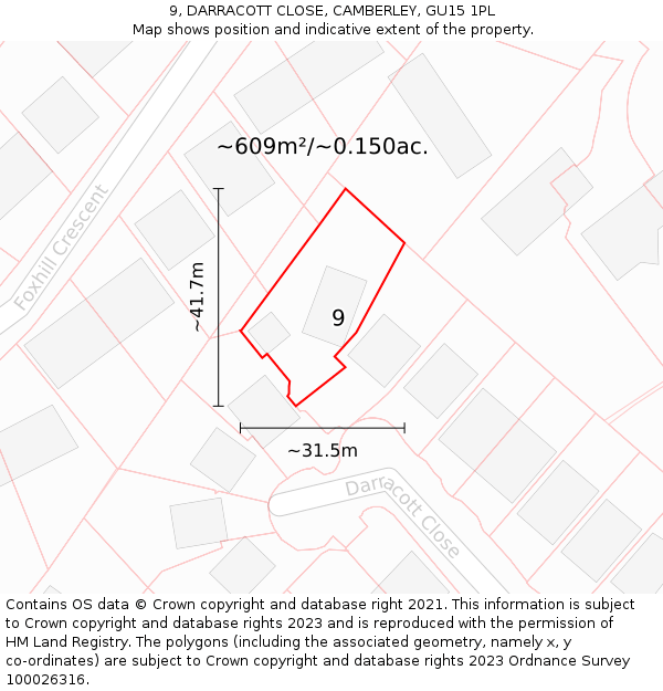 9, DARRACOTT CLOSE, CAMBERLEY, GU15 1PL: Plot and title map