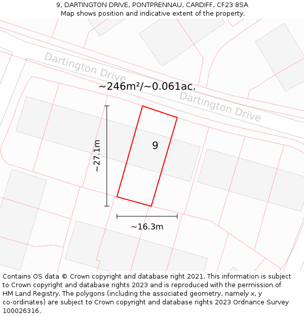 9, DARTINGTON DRIVE, PONTPRENNAU, CARDIFF, CF23 8SA: Plot and title map