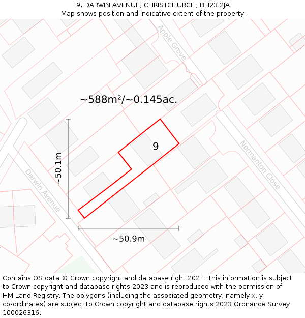 9, DARWIN AVENUE, CHRISTCHURCH, BH23 2JA: Plot and title map