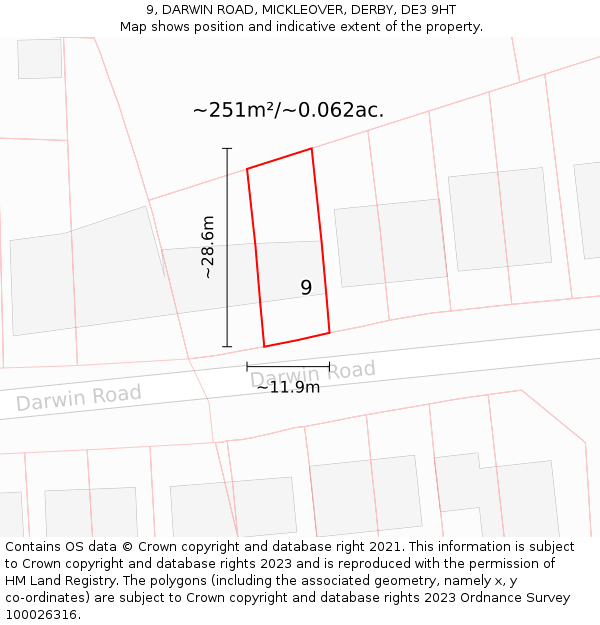 9, DARWIN ROAD, MICKLEOVER, DERBY, DE3 9HT: Plot and title map