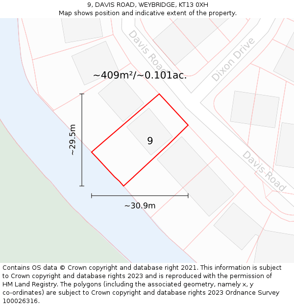 9, DAVIS ROAD, WEYBRIDGE, KT13 0XH: Plot and title map