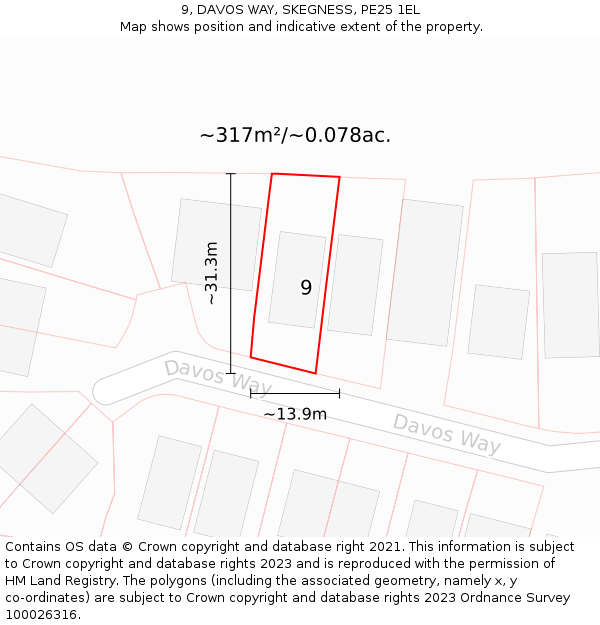 9, DAVOS WAY, SKEGNESS, PE25 1EL: Plot and title map