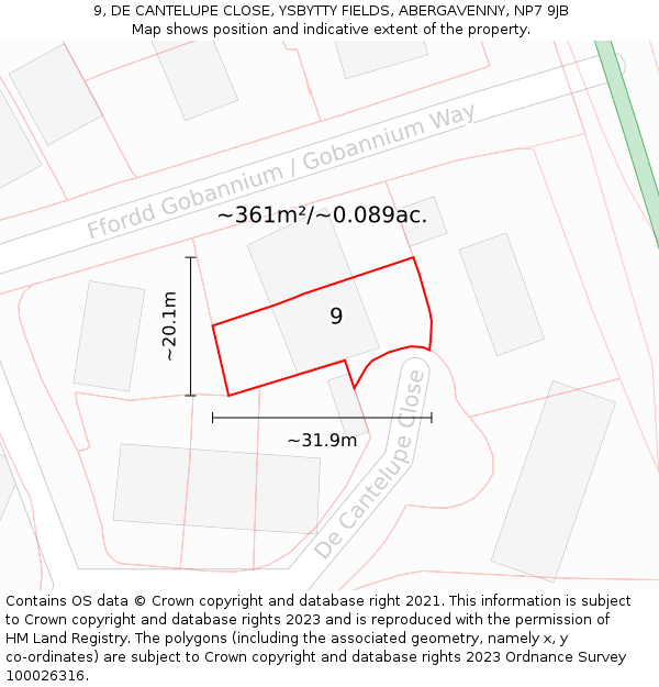 9, DE CANTELUPE CLOSE, YSBYTTY FIELDS, ABERGAVENNY, NP7 9JB: Plot and title map