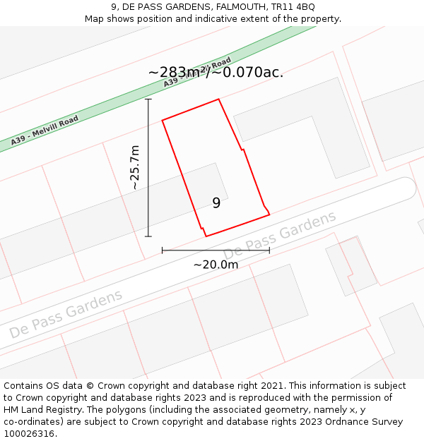 9, DE PASS GARDENS, FALMOUTH, TR11 4BQ: Plot and title map