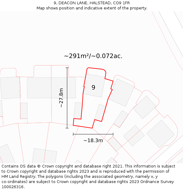 9, DEACON LANE, HALSTEAD, CO9 1FR: Plot and title map