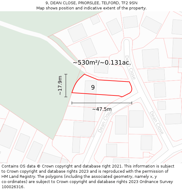 9, DEAN CLOSE, PRIORSLEE, TELFORD, TF2 9SN: Plot and title map