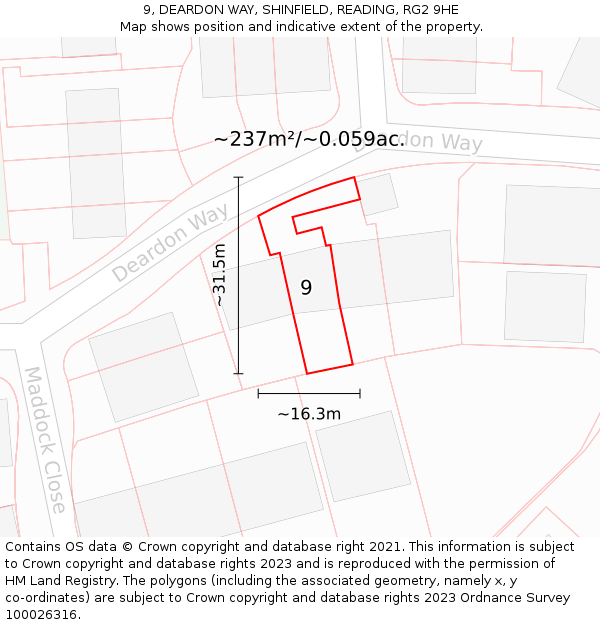 9, DEARDON WAY, SHINFIELD, READING, RG2 9HE: Plot and title map