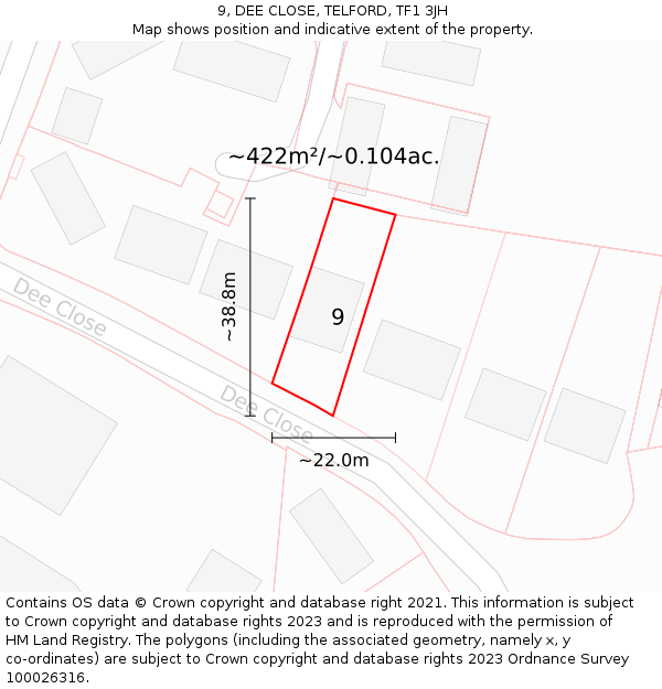 9, DEE CLOSE, TELFORD, TF1 3JH: Plot and title map