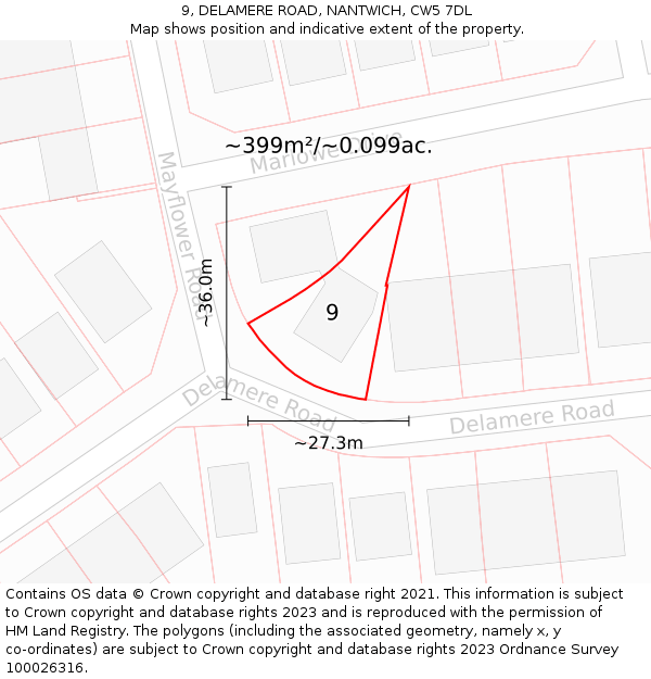 9, DELAMERE ROAD, NANTWICH, CW5 7DL: Plot and title map