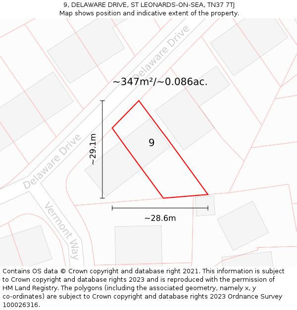 9, DELAWARE DRIVE, ST LEONARDS-ON-SEA, TN37 7TJ: Plot and title map
