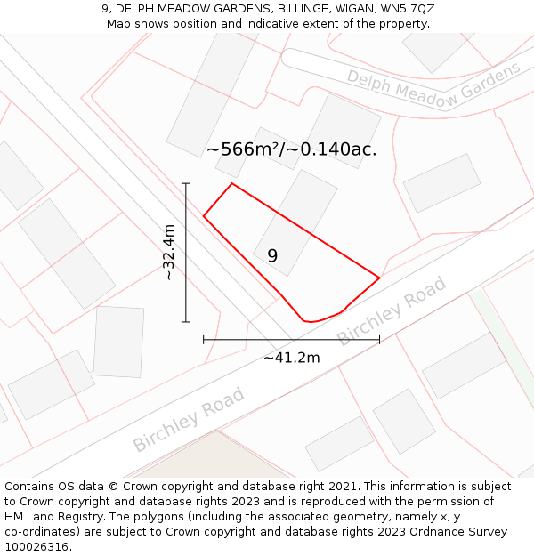 9, DELPH MEADOW GARDENS, BILLINGE, WIGAN, WN5 7QZ: Plot and title map