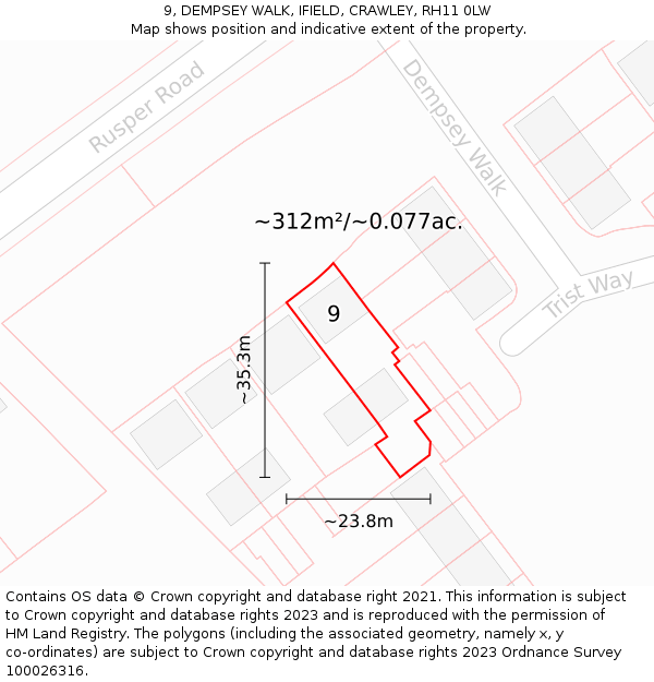 9, DEMPSEY WALK, IFIELD, CRAWLEY, RH11 0LW: Plot and title map