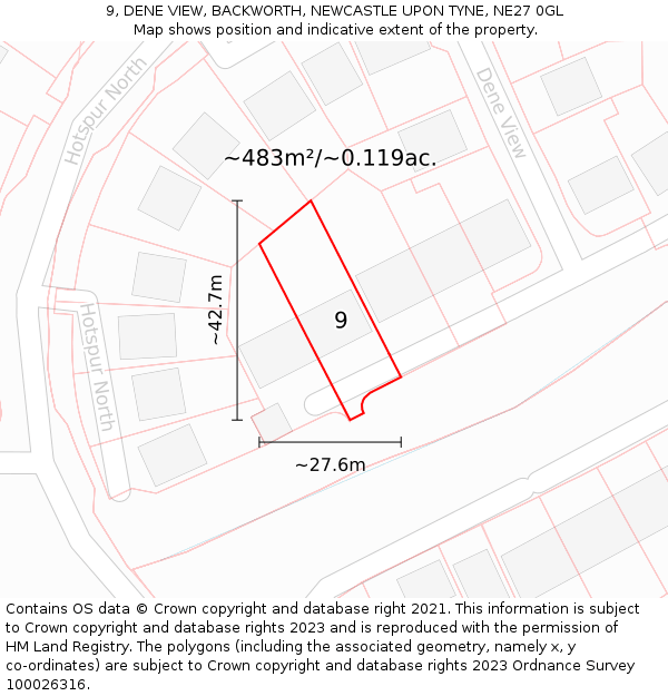 9, DENE VIEW, BACKWORTH, NEWCASTLE UPON TYNE, NE27 0GL: Plot and title map